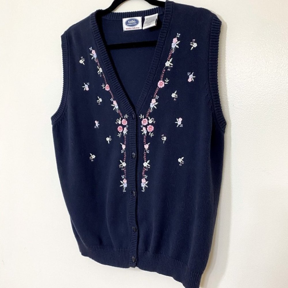 Vintage Tabi Navy Blue Embroidered Knit Sweater Vest M Grannycore Cottagecore